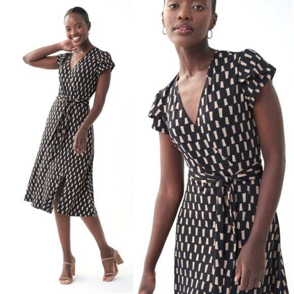 Joseph Ribkoff Wrap Front Jersey Midi Dress Black Beige Size 10 Style 222202 - Picture 2 of 16